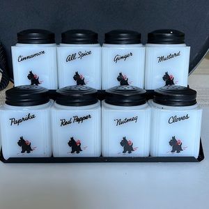 Vintage Spice Rack with 8 milk glass jars